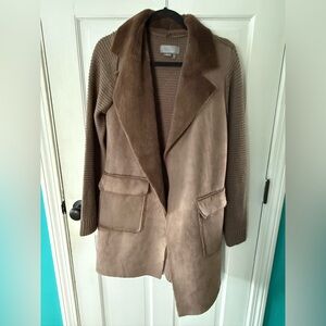 Anthropologie Brown Teddy Jacket with Knit Sleeves & Faux Fur Collar